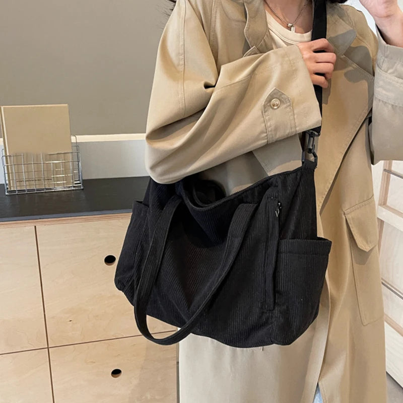 Women Corduroy Tote Bag Casual Multi Pocket Handbag Adjustable Strap Crossbody Sling Bag Zipper Shoulder Bag Fall Winter Bag