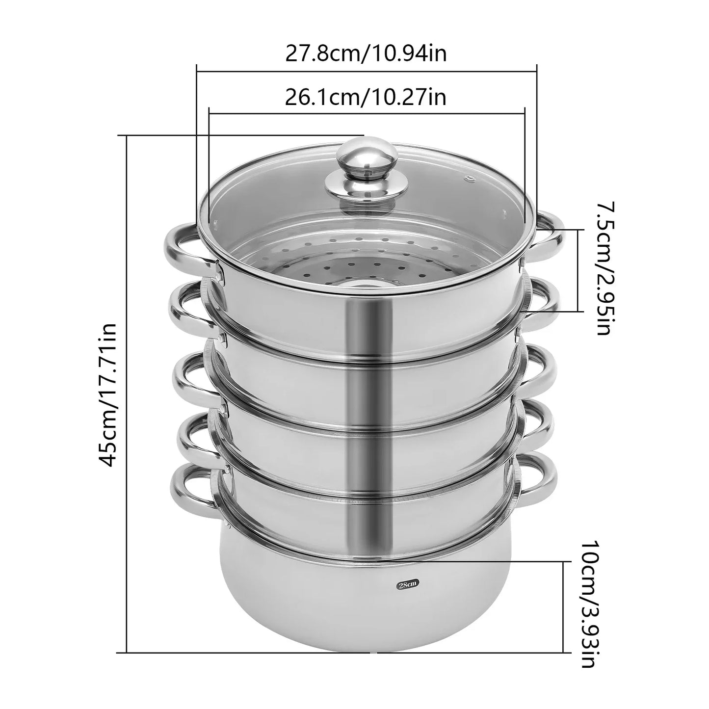 28cm 5-Tier Steam Cooker, Stainless Steel Steamer, Kitchen Cooking Steamer, Pan Cook Pot with Glass Lid Multi-Layer Cookware