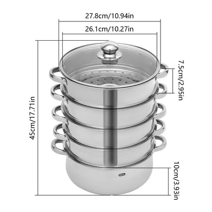 28cm 5-Tier Steam Cooker, Stainless Steel Steamer, Kitchen Cooking Steamer, Pan Cook Pot with Glass Lid Multi-Layer Cookware