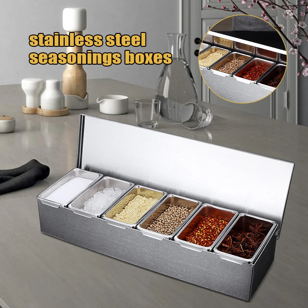Ingredient Container With 6 Grids Kitchen Spice Box Set With Lid Stainless Steel Spice Container Fruit Box Food Container