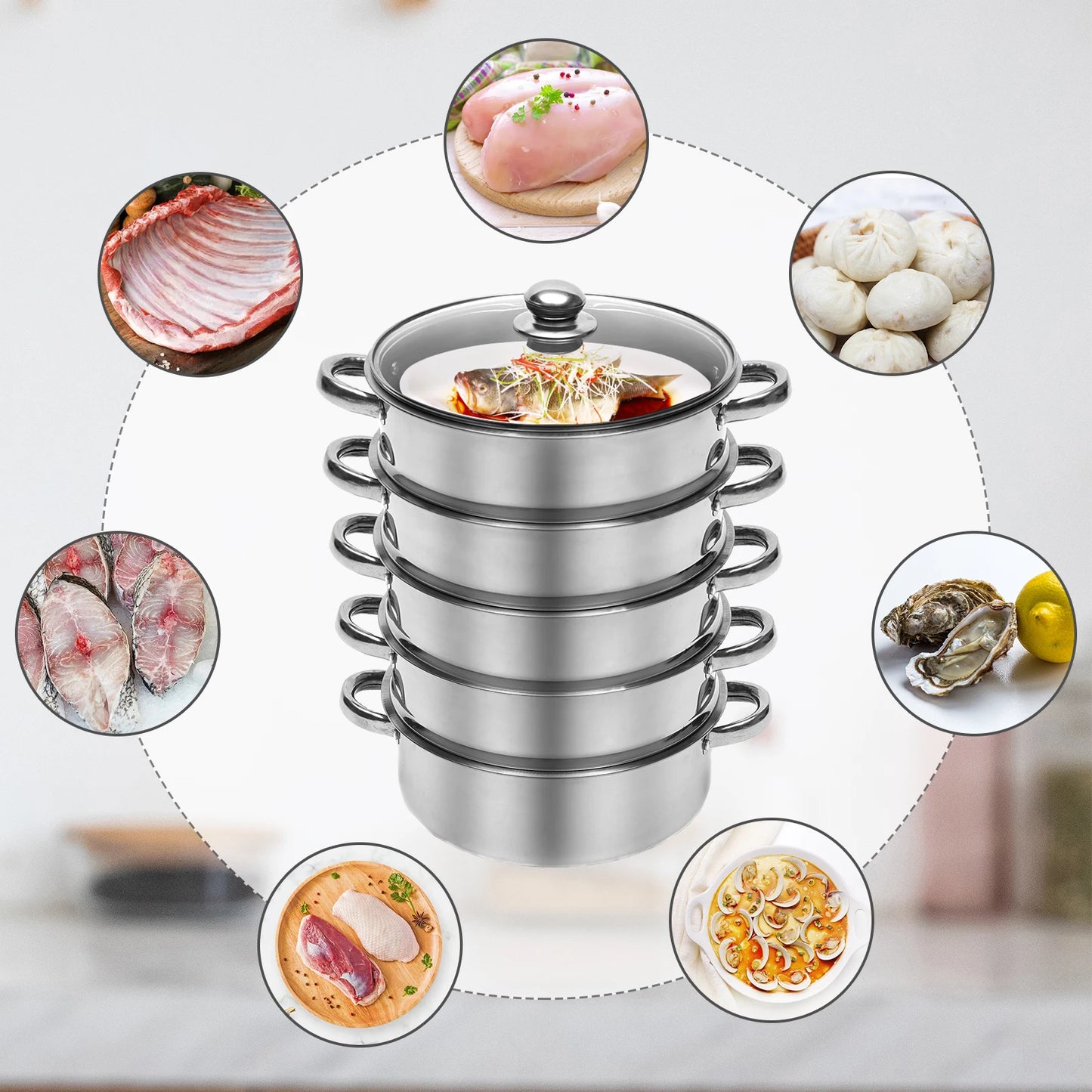 5-Tier Stainless Steel Food Steamer 26cm Meat Vegetable Steamer Pot Kitchen Cookware with Lid