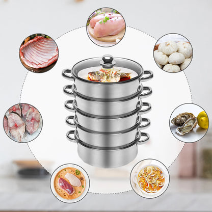 5-Tier Stainless Steel Food Steamer 26cm Meat Vegetable Steamer Pot Kitchen Cookware with Lid