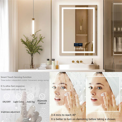 Smart LED Bathroom Mirror Rectangle Wall Mount Mirror w Bluetooth Speaker,Time,Temperature,Light Memory,Front & Backlit,Anti-Fog