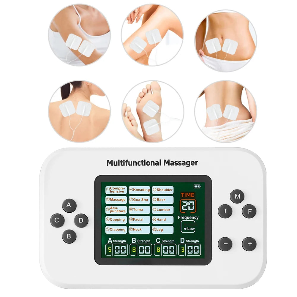 Electric Muscle Stimulator EMS & TENS Unit Pulse Massager for Back Neck Shoulder Knee Joints Full Body Relax 15 Modes 4 Output
