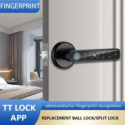 Fingerprint Door Lock TTLOCK APP Control Fingerprint Security Handle Lock Type-C Emergency Charge for 3.5-6.5cm Thickness Doors