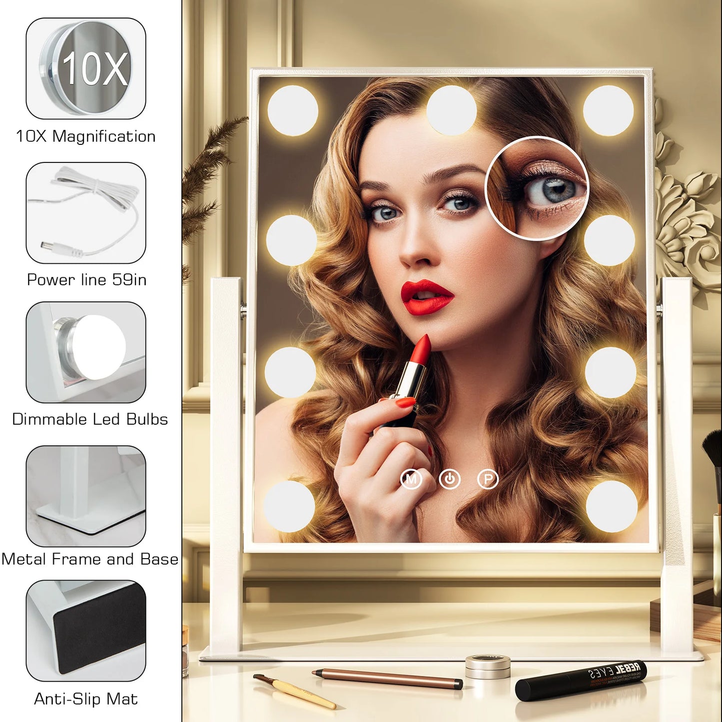 Vanity Mirror Hollywood Light up Makeup Mirror with LED Bulbs Dimmable 3 Modes 360° Rotation Magnifying Mirror 10x