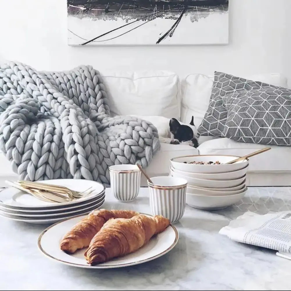 Warm Chunky Wool Yarn Knitted Thick Blanket, Grey 60x60CM