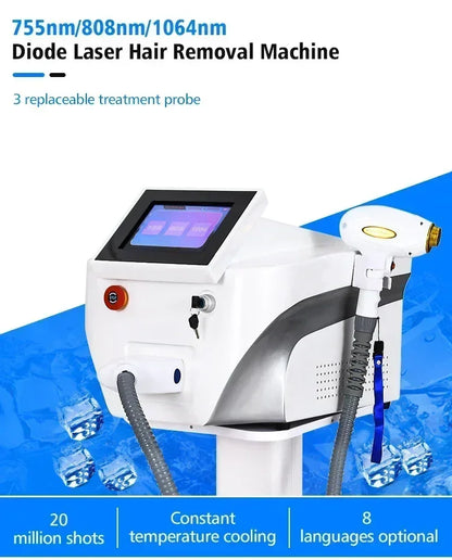 808 Diode Laser Hair Removal Machine 755 808 1064nm Wavelengths Cooling Head Painless Laser Epilator Face Body Hair Removal