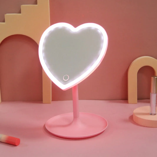 Heart Shape LED Makeup Mirror With 3 Colors Lighting and Stand Desktop Rechargeable Cosmetic Vanity Mirror Portable Lighted