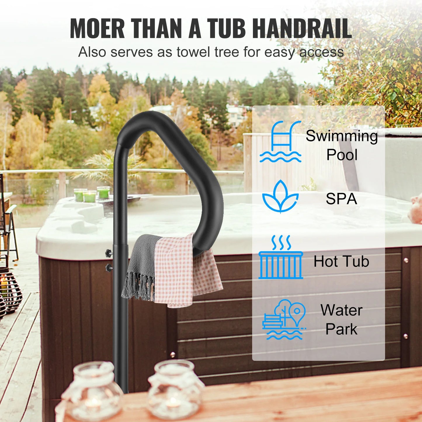 SucceBuy 360Rotatable Hot Tub Handrail Spa Side Hand Rail Adjustable Height W/ Slide-Under Mount Base for Indoor Outdoor Bathtub