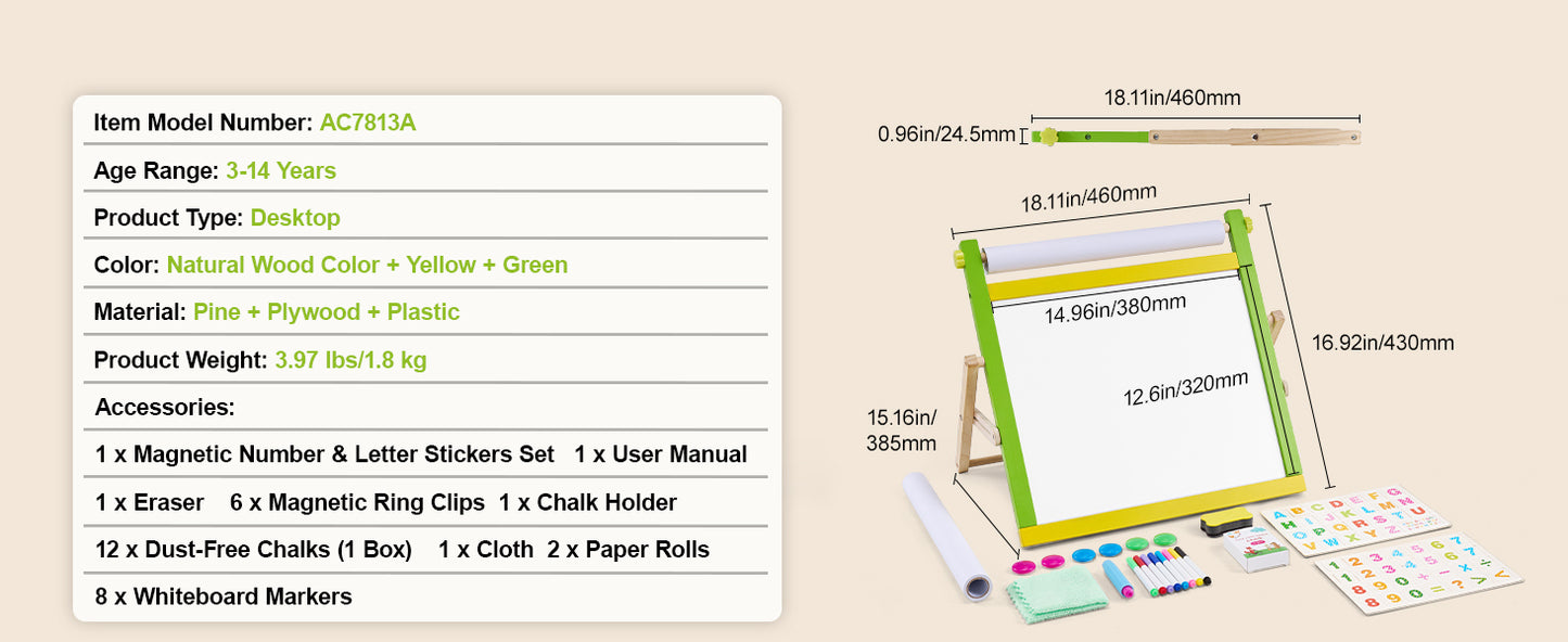 SucceBuy Tabletop Children Magnetic Drawing Board 3-in-1 Double-Sided Wooden Kids Art Easel with Painting Accessories for Girls