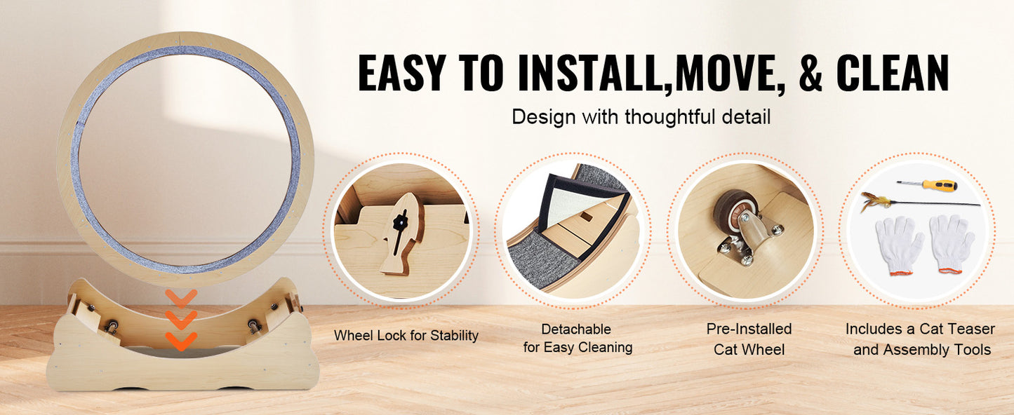 SucceBuy Wooden Cat Exercise Wheel Large Cat Treadmill Wheel for Indoor Cat Running Wheel with Detachable Carpet& Cat Teaser